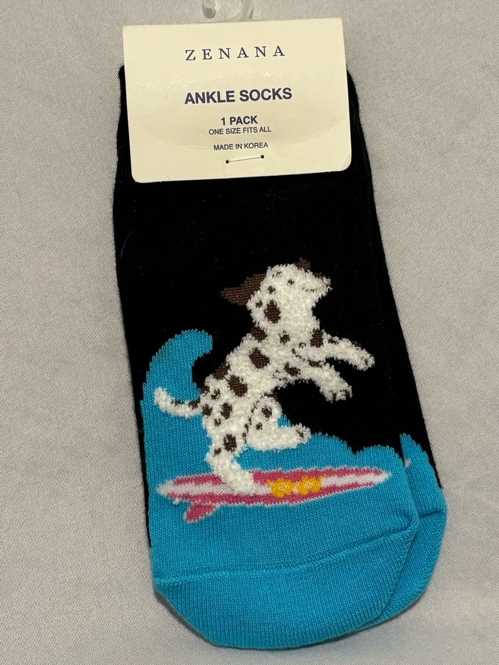 Zenana Black & Blue Ankle Socks with Dalmatian Dog Surfing in Cotton Blend New